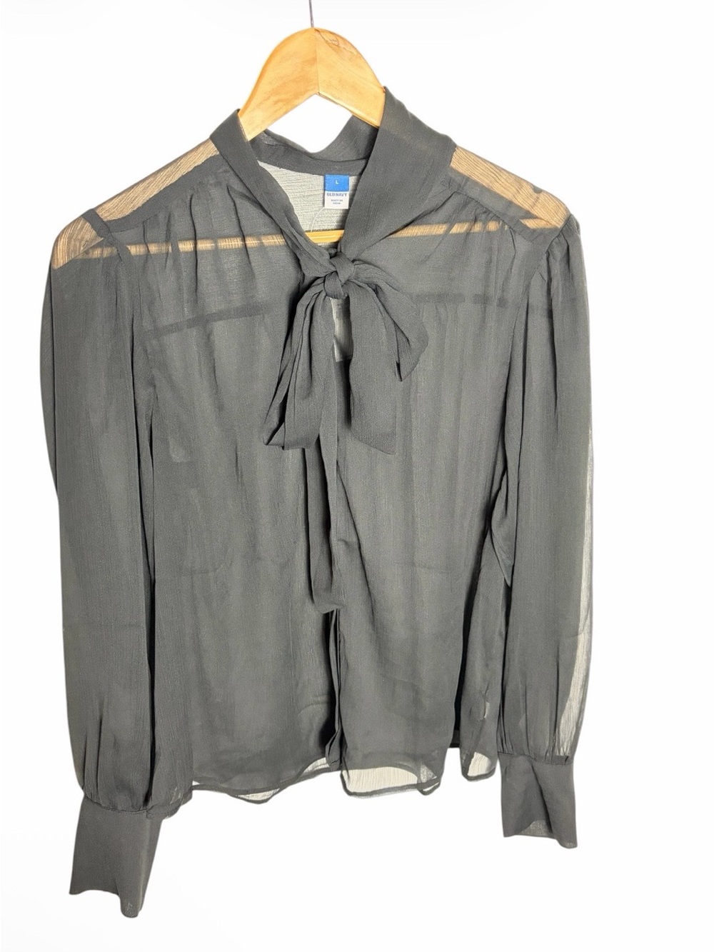 NWT black chiffon semi sheer tie neck long sleeve blouse size L